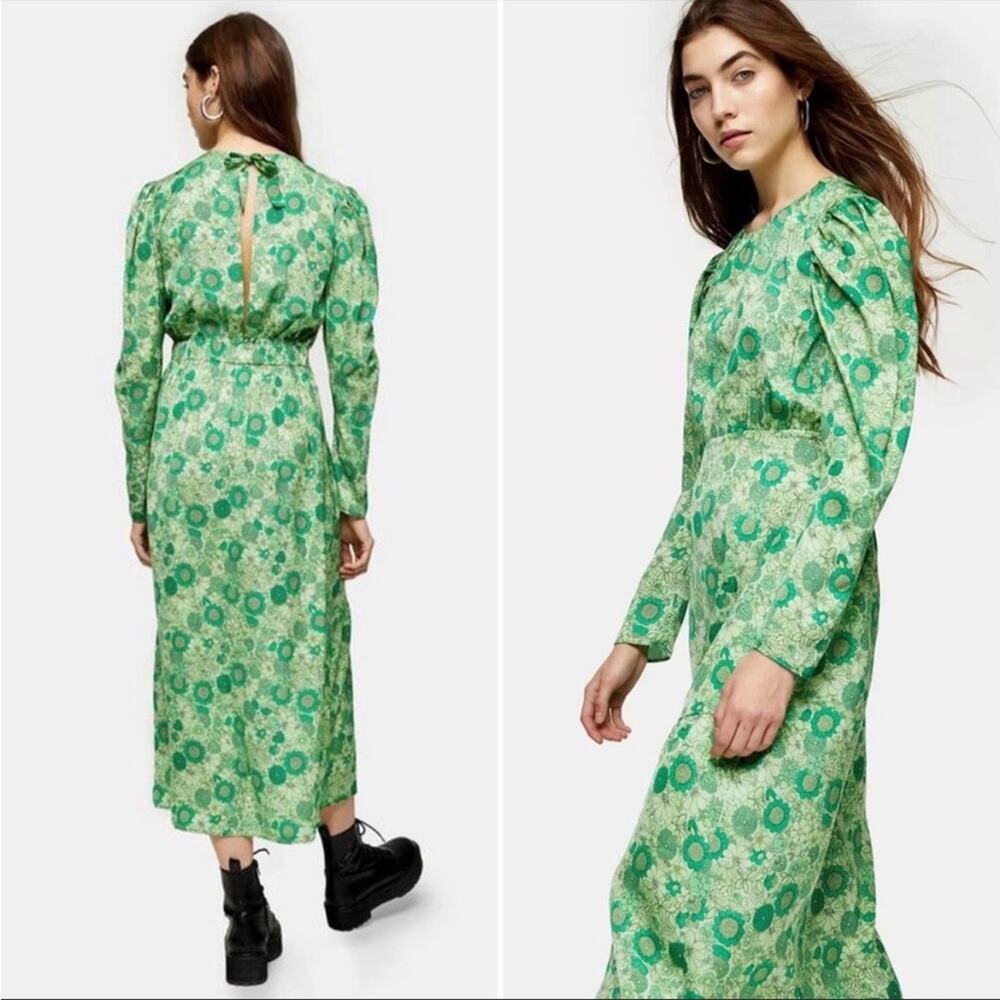 Topshop NWT green floral printed midi maxi dress long sleeve vintage inspired